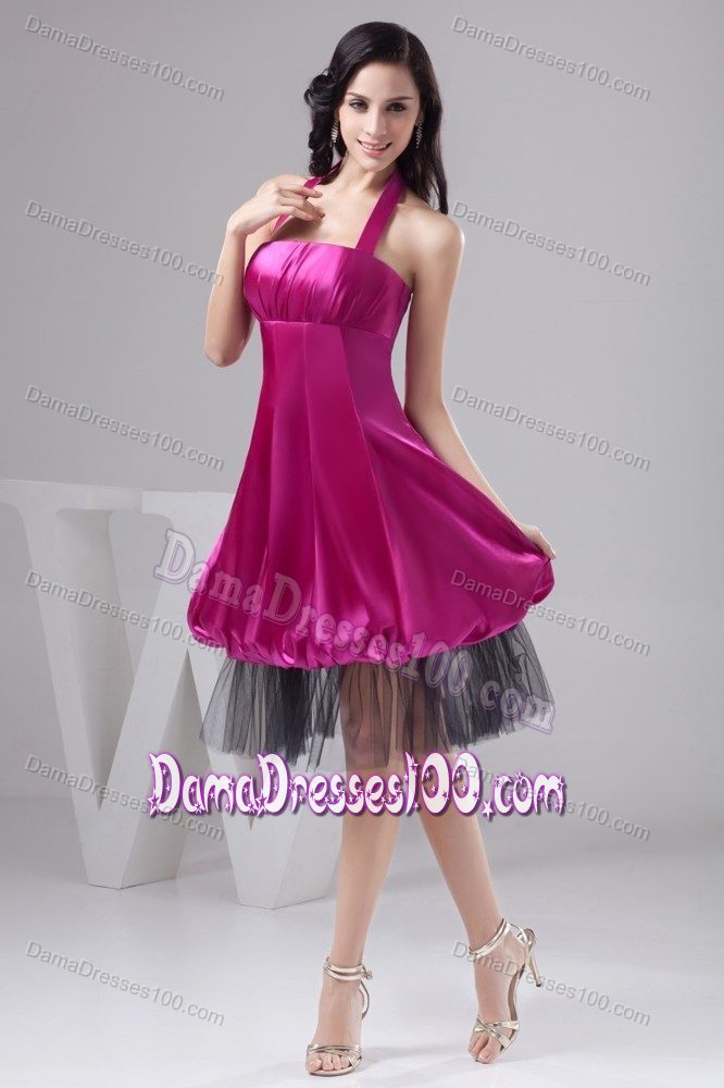 Satin and Tulle Halter Ruched Quince Dama Dress in Fuchsia