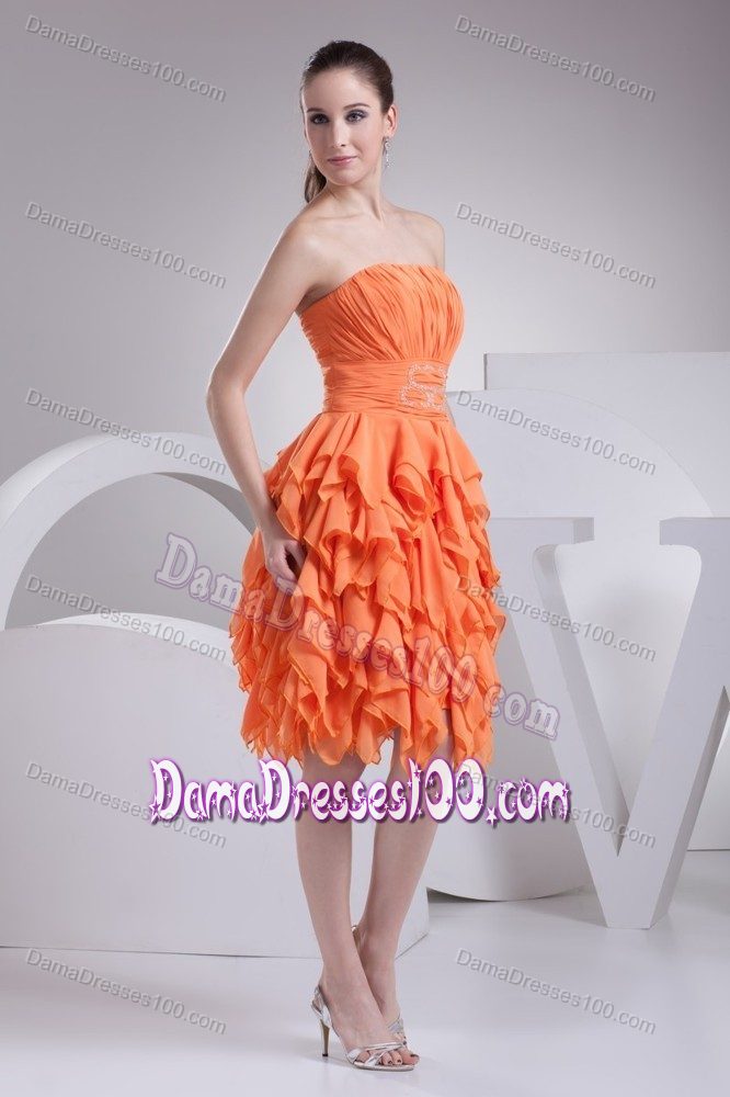 Knee-length Orange Pleating Dresses for Damas with Ruffles