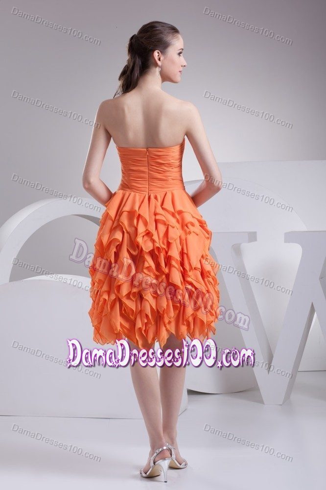 Knee-length Orange Pleating Dresses for Damas with Ruffles