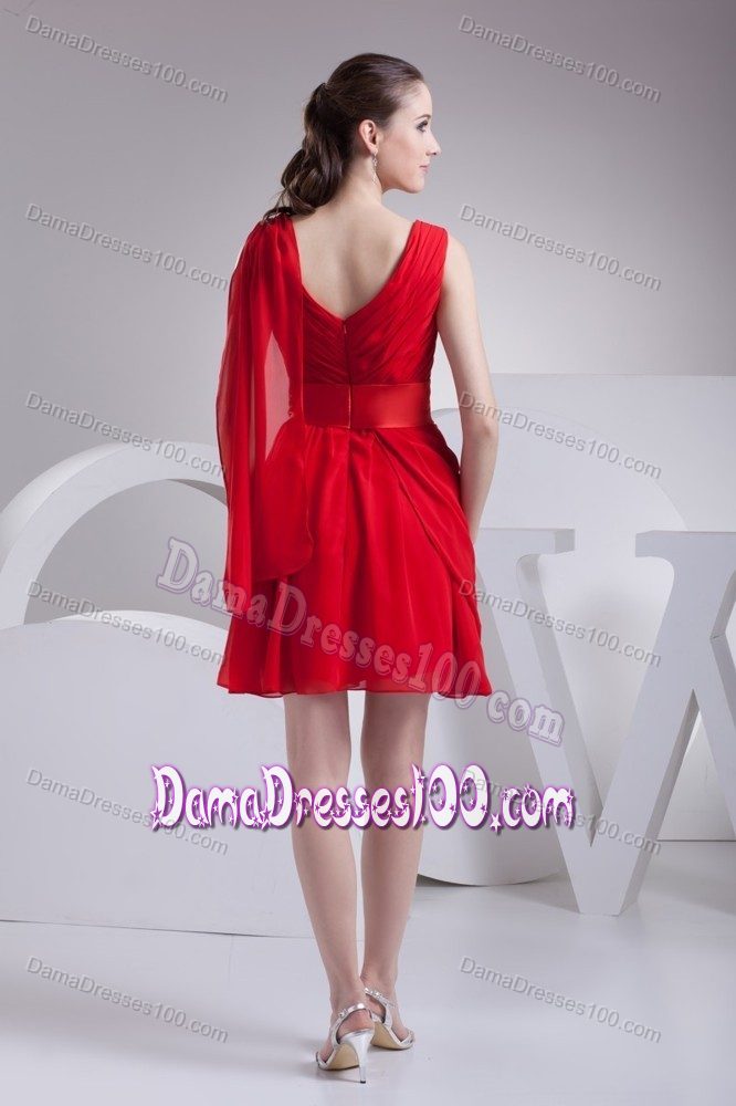 Red Chiffon V-neck A-line Ruched Short Quinces Dama Dress
