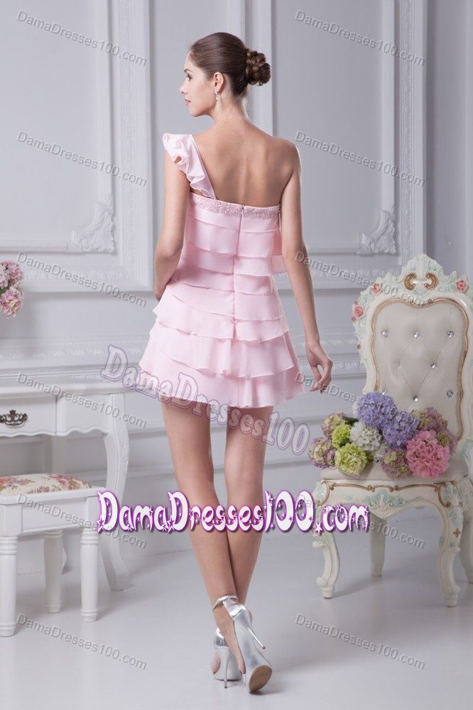 One Shoulder Mini-length Beaded Baby Pink Dress for Damas