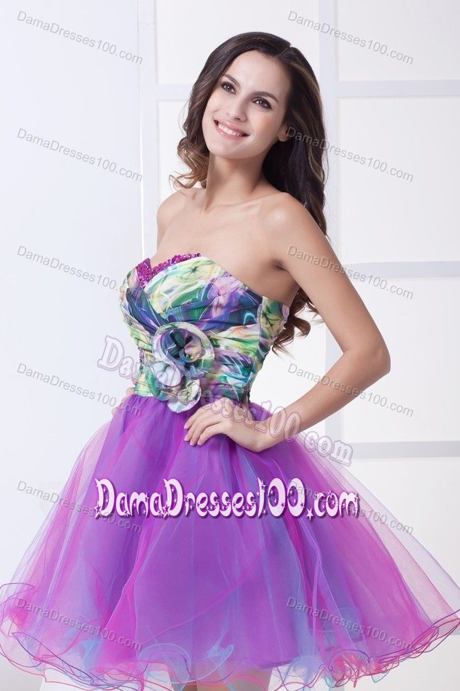 Colorful Organza Ruched Flowers Printed Party Dama Dresses