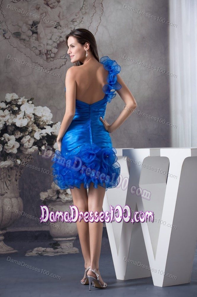 Blue Ruched One Shoulder Dama Dresses with Organza Layers