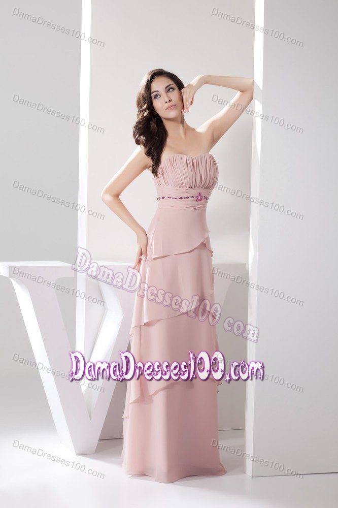 Pink Ruched Strapless Dama Dress with Layers and Beadings