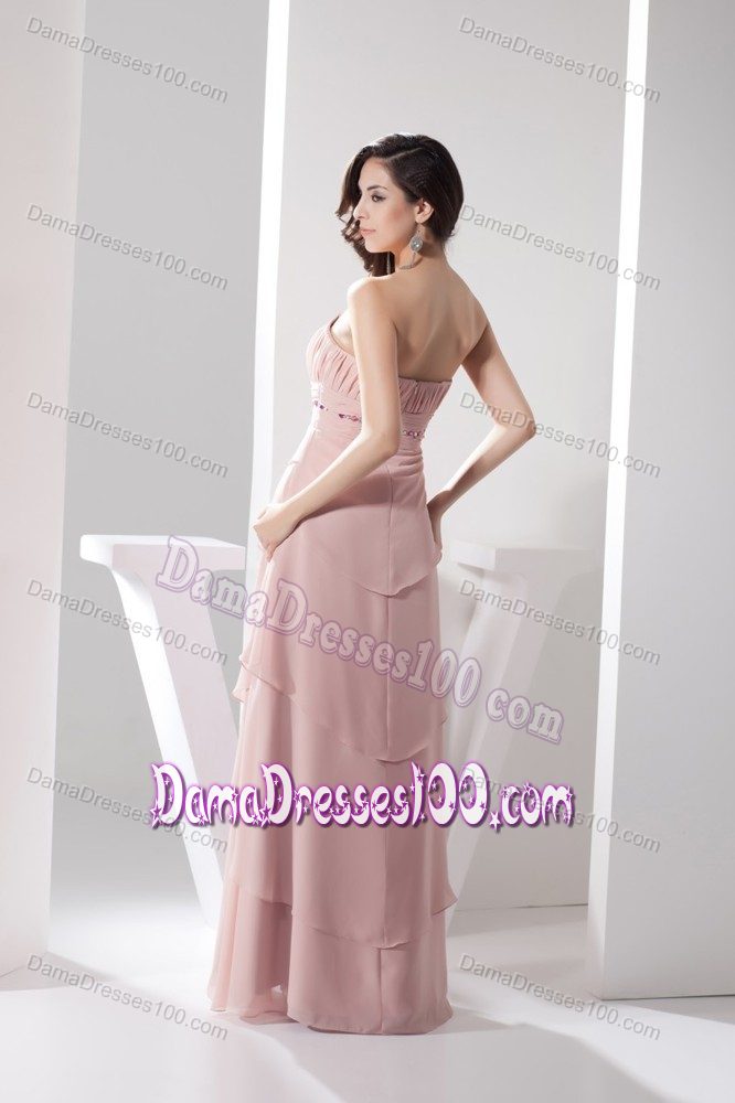 Pink Ruched Strapless Dama Dress with Layers and Beadings