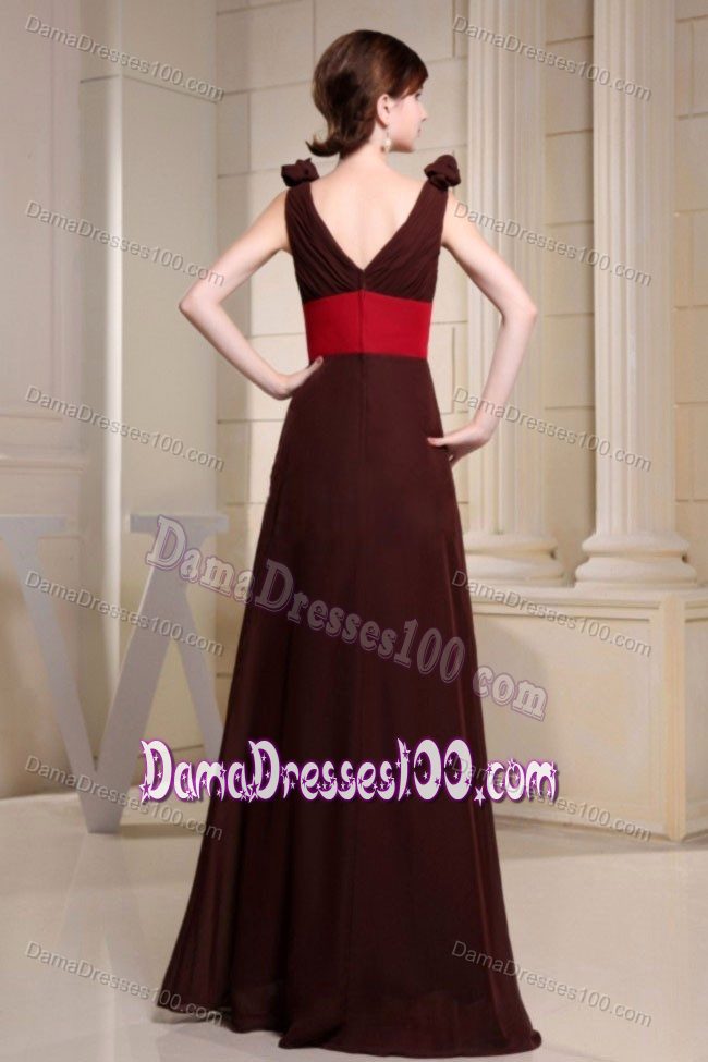 V-neck Hand Made Flowers Brown 15 Dresses For Damas