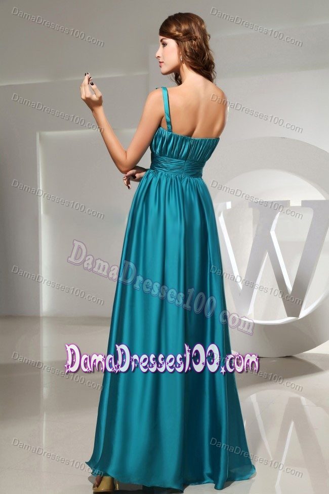 Ruching One Shoulder Teal Floor-length Formal Dresses For Dama