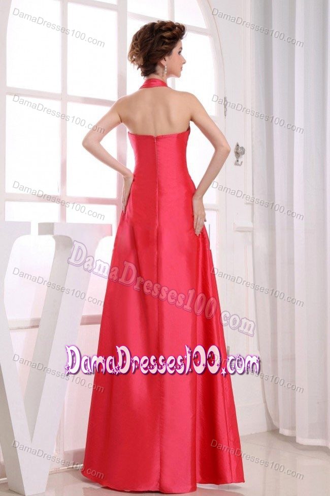 Red A-Line Ruching Floor-length Halter Damas Dresses For Quince