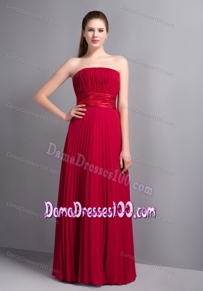 Strapless Pleated Wine Red Bridesmaid Dama Dress Floor-length