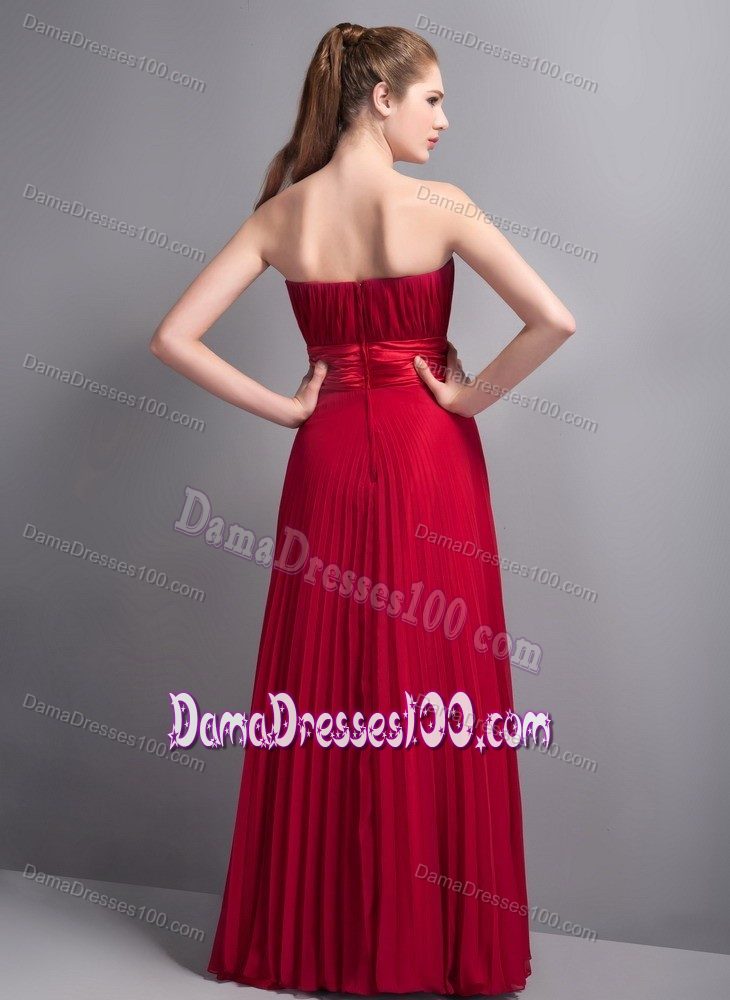 Strapless Pleated Wine Red Bridesmaid Dama Dress Floor-length