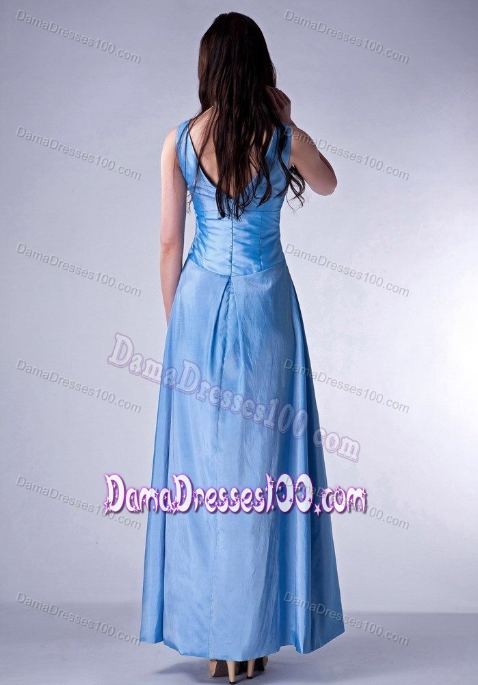 Column V-neck Blue Bridesmaid Dama Dresses for Ankle-length