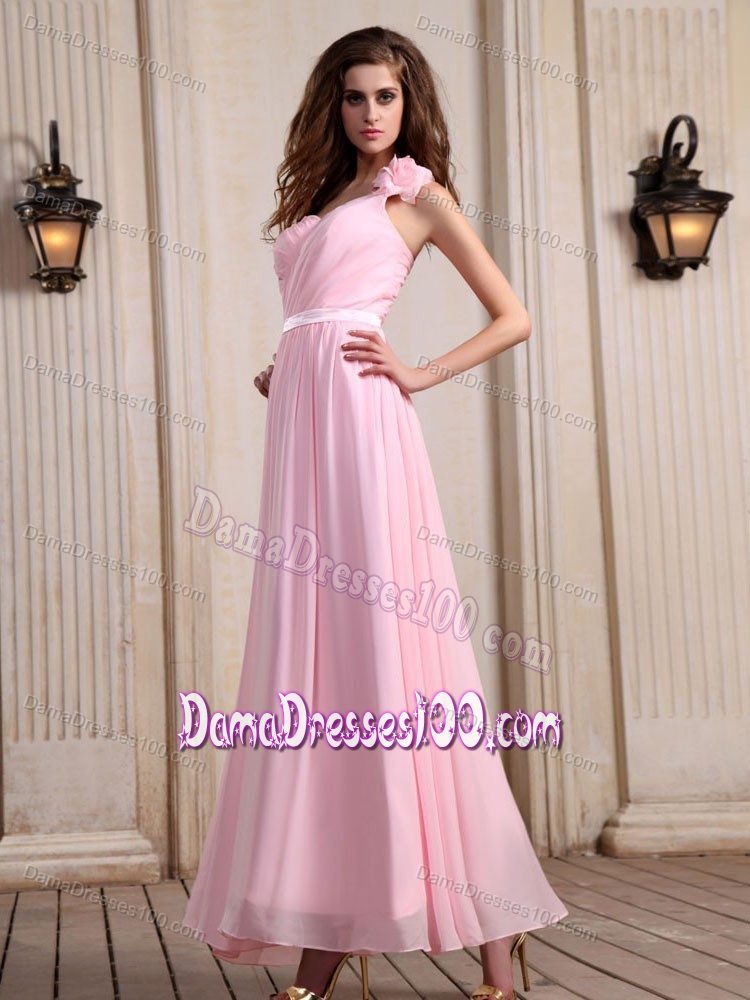 One Shoulder Ankle-length Baby Pink Cocktail Dresses For Dama