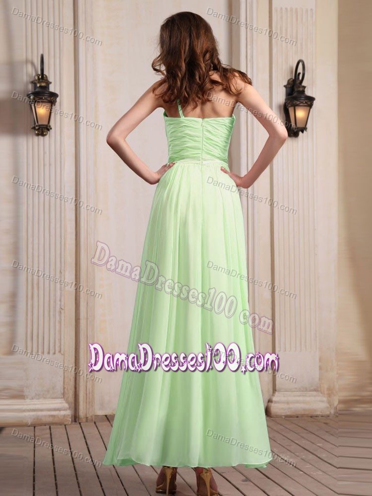 Yellow Green One Shoulder Dama Dress With Hand Made Flower