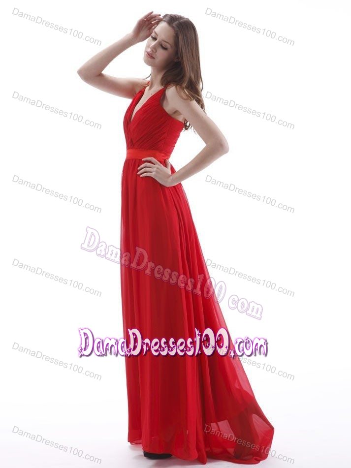 V-neck Red Ruching Floor-length Prom Dresses For Dama