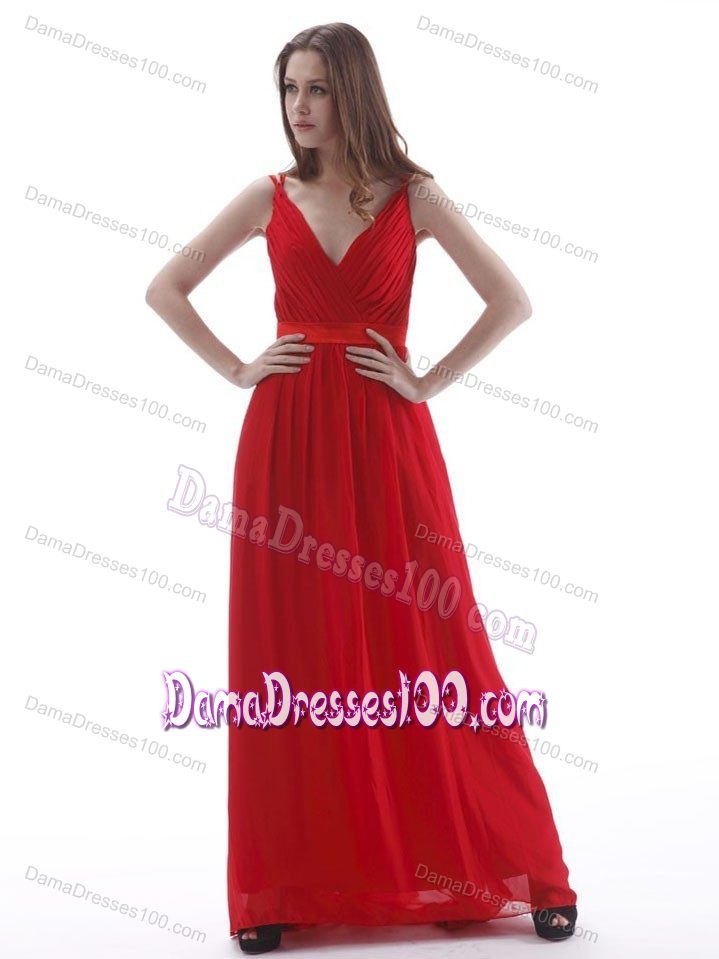 V-neck Red Ruching Floor-length Prom Dresses For Dama