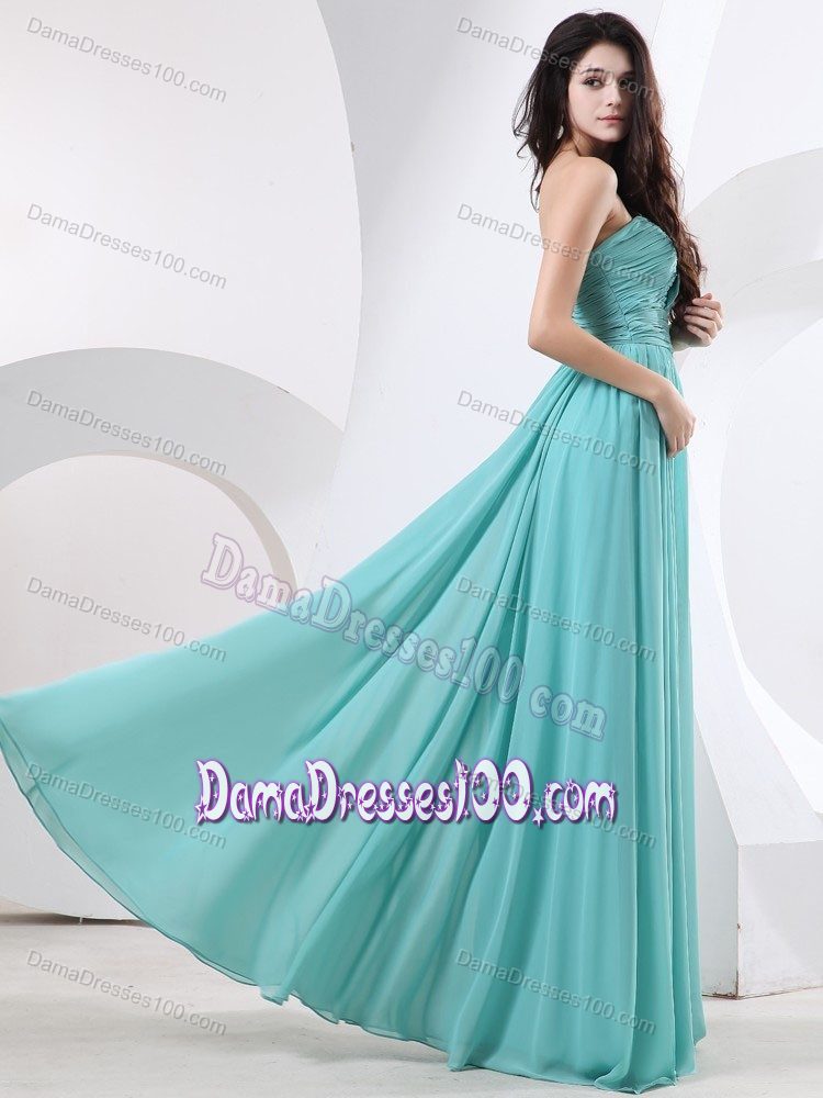 Strapless Ruched Floor-length Mint Color Bridesmaid Dama Dresses