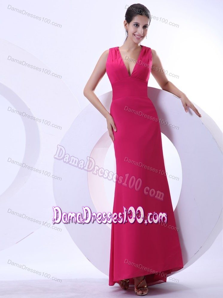 Party Dama Dress in Hot Pink Deep V-neck and Ankle-length