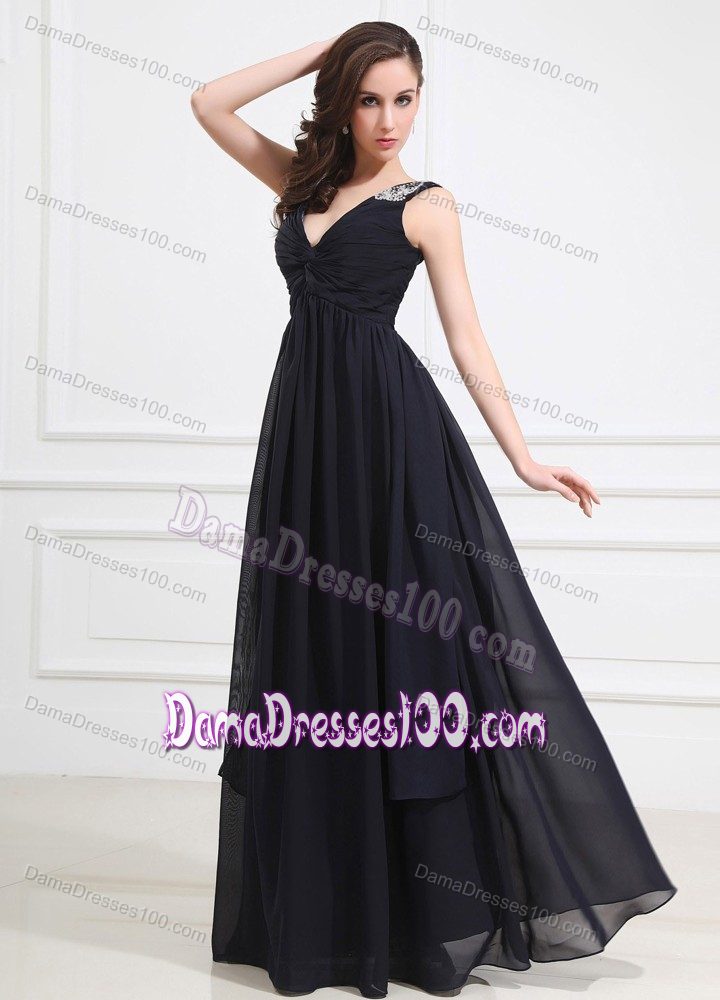 Beaded Empire V-neck Floor-length Black Cocktail Dresses For Dama