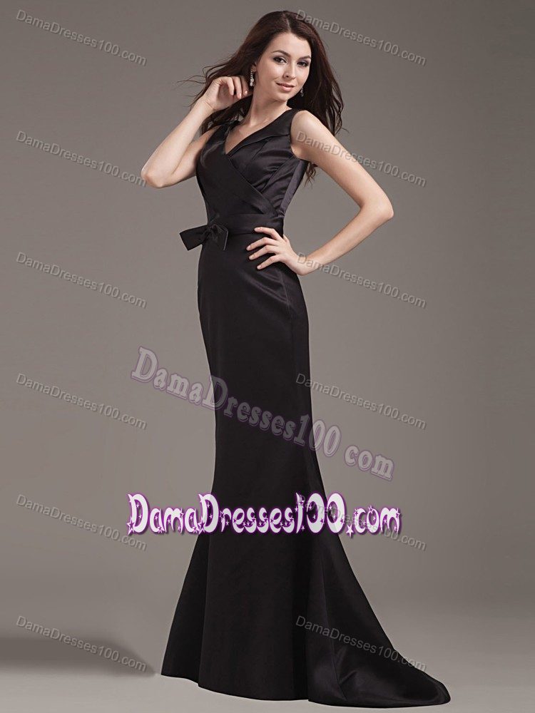 Mermaid Black 15 Dresses For Damas with V-neck and Bowknot