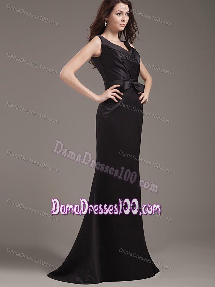 Mermaid Black 15 Dresses For Damas with V-neck and Bowknot