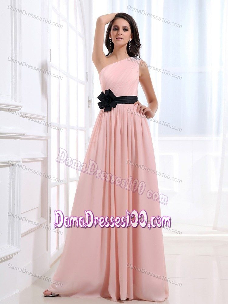 One Shoulder Damas Dresses For Quince with Sash in Baby Pink