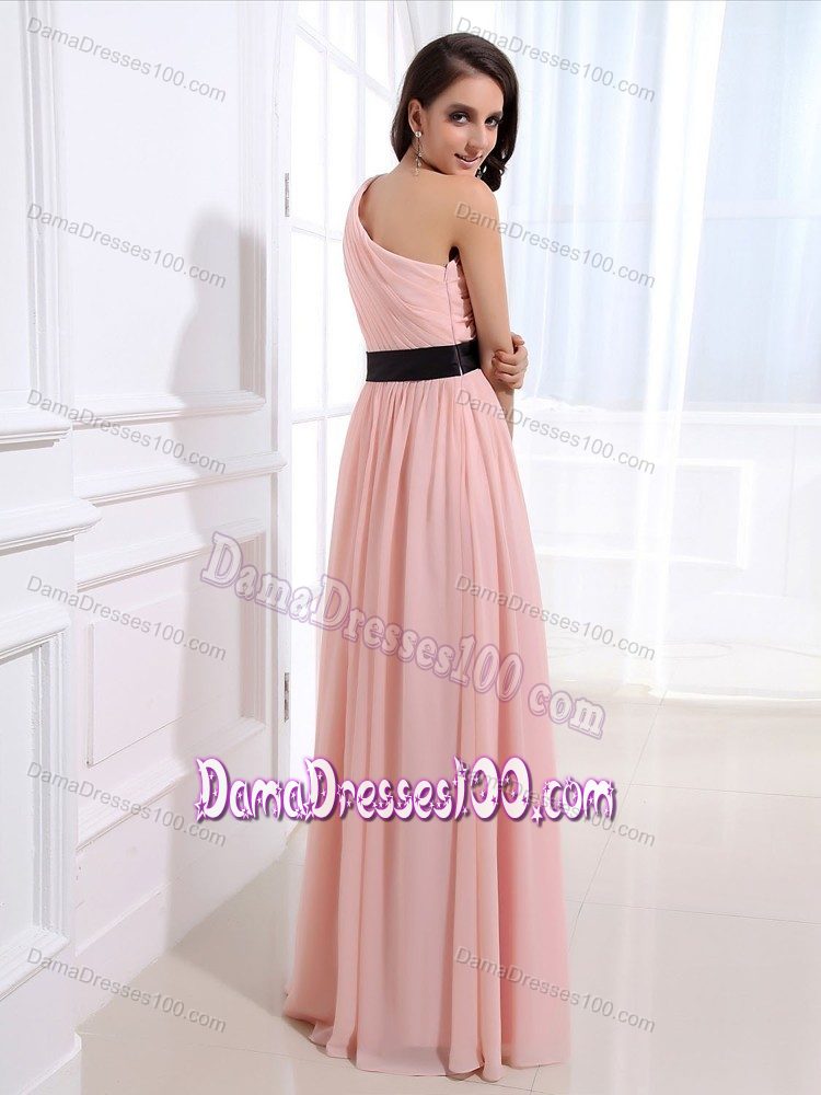 One Shoulder Damas Dresses For Quince with Sash in Baby Pink