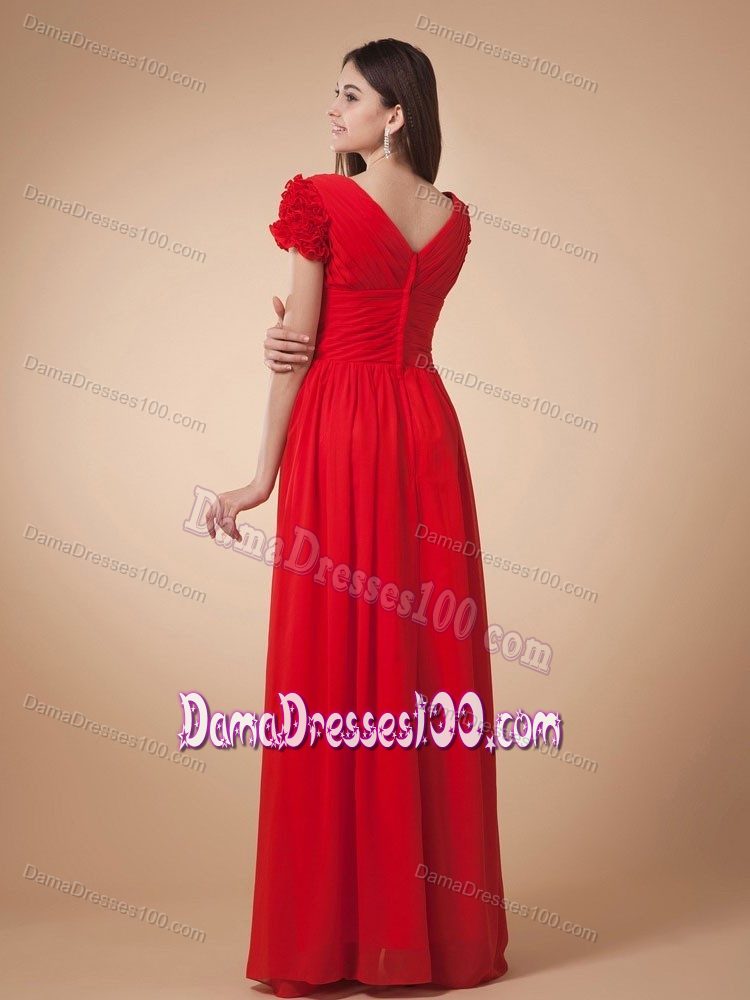 Red Prom Dresses For Dama V-neck Short Sleeves Floor-length