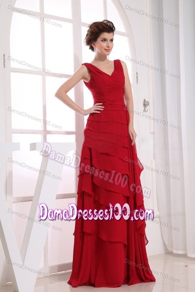 Ruffled Layers Red V-neck Quince Dama Dresses Floor-length