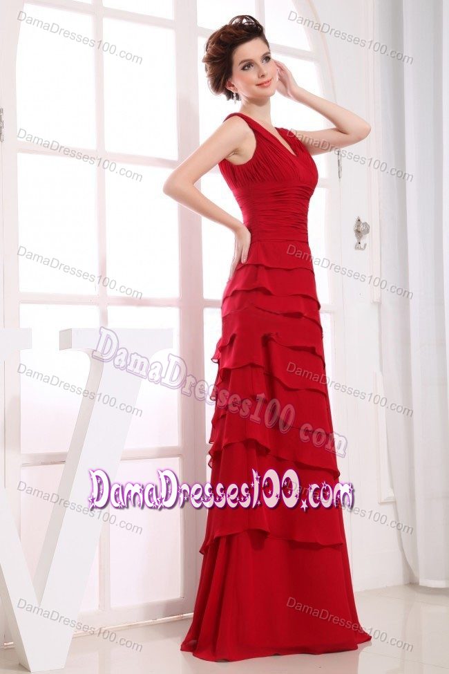 Ruffled Layers Red V-neck Quince Dama Dresses Floor-length