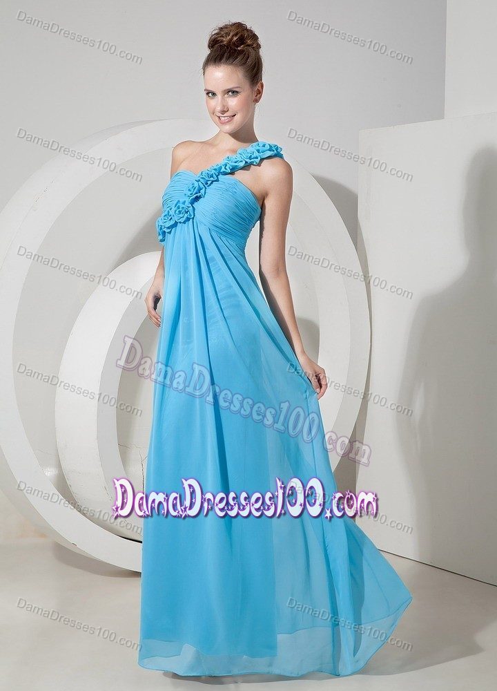 Aqua Blue Floral One Shoulder Floor-length Formal Dresses For Dama