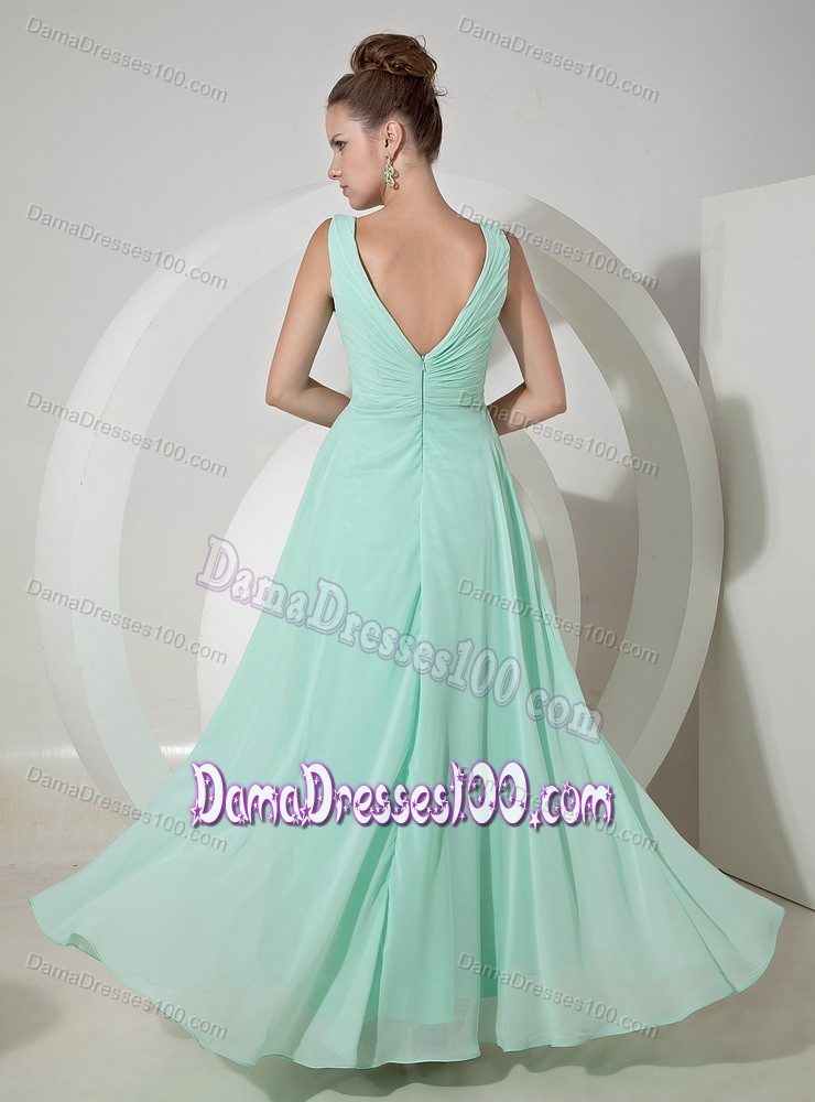 Empire V-neck Mint Color Prom Dresses For Dama with Beading