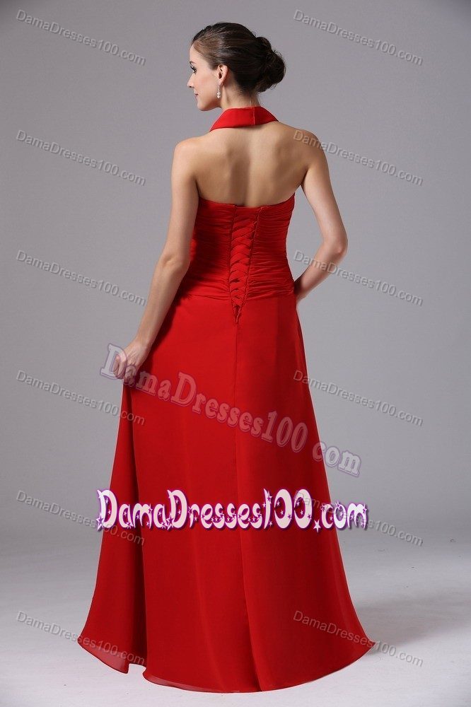 Halter Ruched Floor-length Red Dama Dress For Quinceaneras