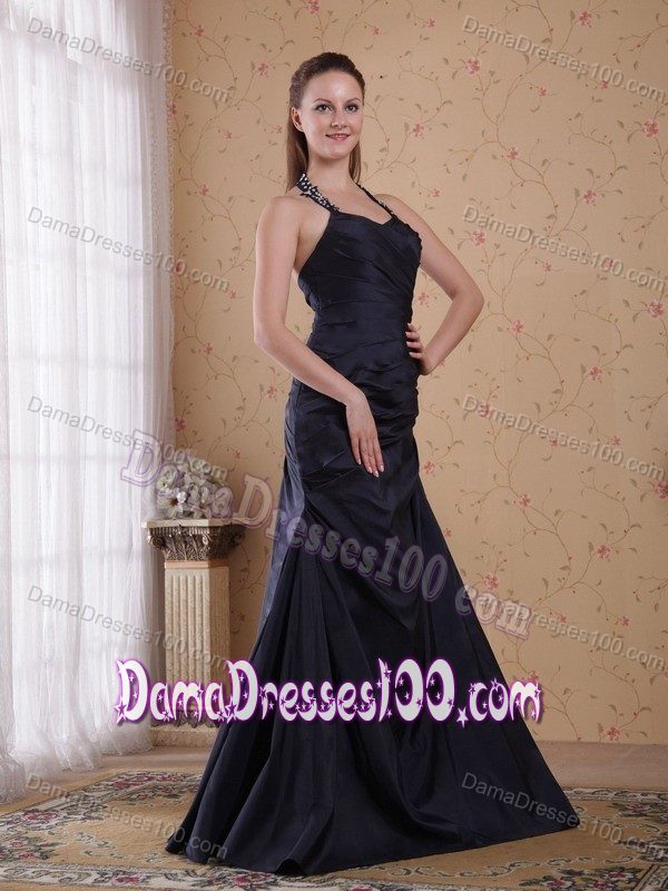 A-Line Halter Floor-length Beading Dresses For Damas in Black