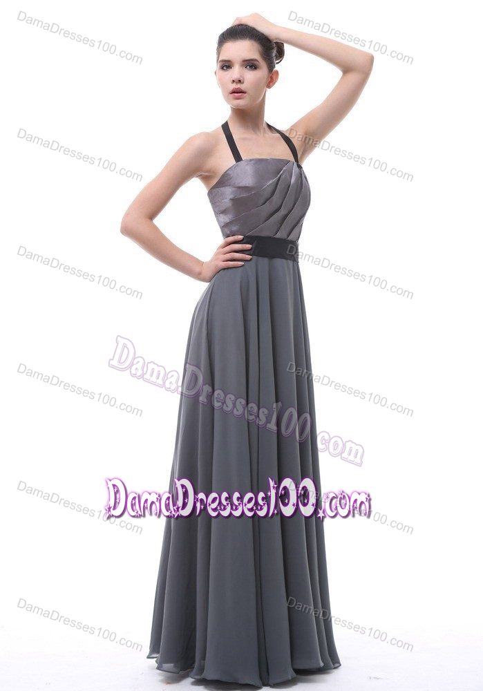 Dark Grey Halter Floor-length Ruched Dama Dress for Sweet 15