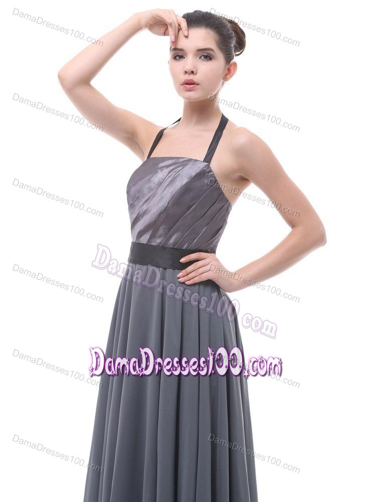 Dark Grey Halter Floor-length Ruched Dama Dress for Sweet 15
