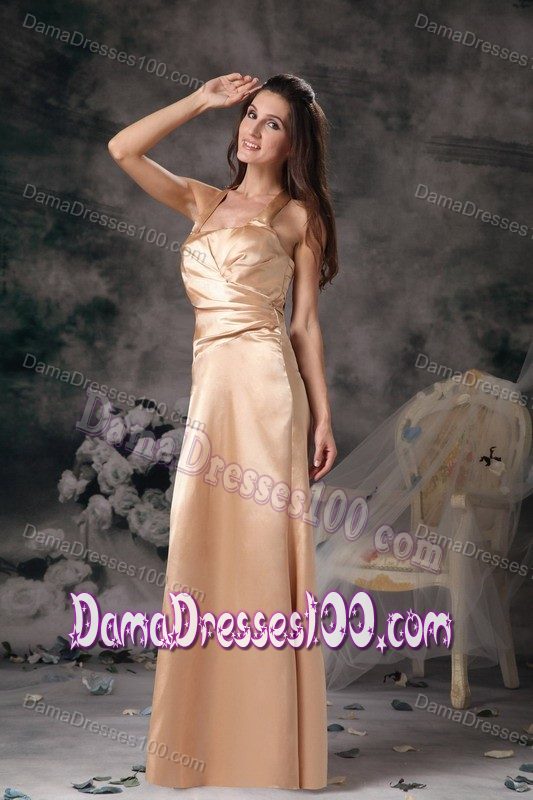 Column Halter Bridesmaid Dama Dress Ruched Floor-length in Gold