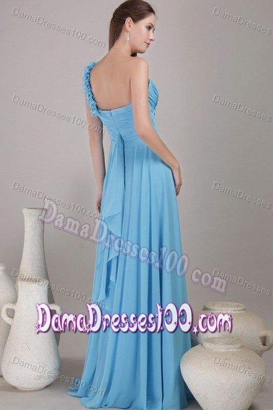 Empire Floral One Shoulder Baby Blue Ruched Party Dama Dresses