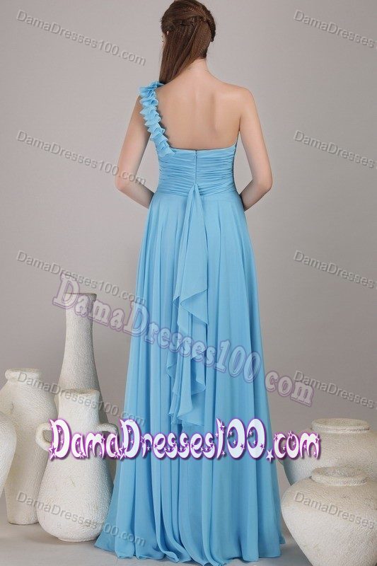 Empire Floral One Shoulder Baby Blue Ruched Party Dama Dresses