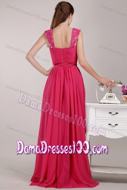Beading Straps Pleated Quinceanera Damas Dresses in Hot Pink