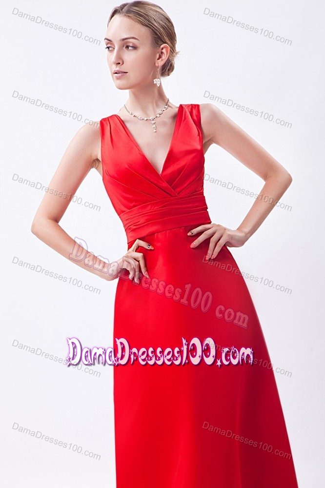 Column V-neck Floor-length Red Ruching Prom Dresses For Dama