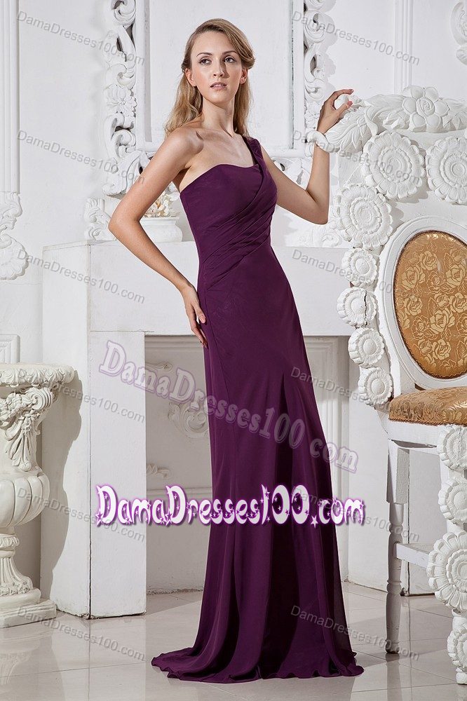 Column One Shoulder Dark Purple Brush Train Party Dama Dresses