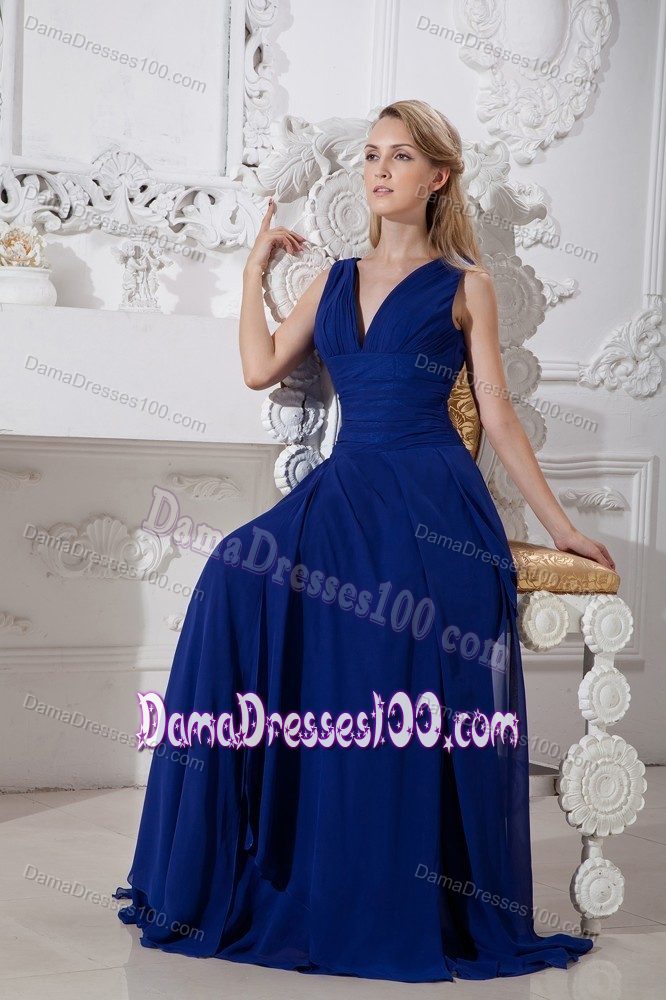 Royal Blue Empire V-neck Brush Train Formal Dresses For Dama