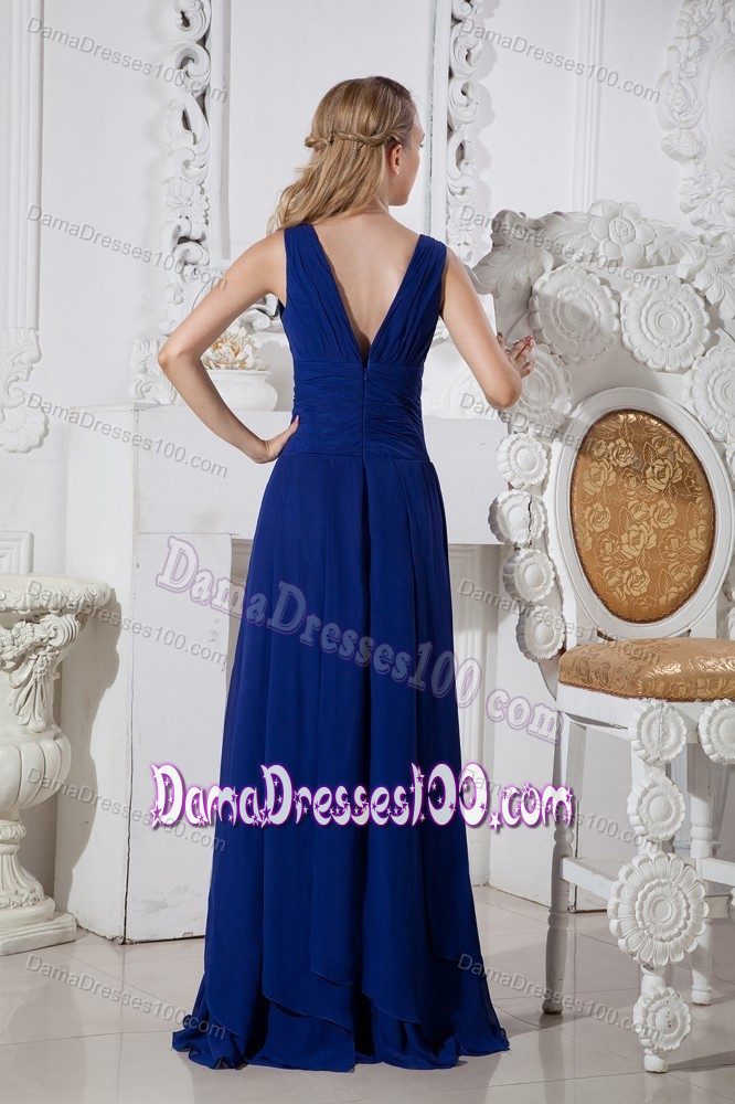 Royal Blue Empire V-neck Brush Train Formal Dresses For Dama