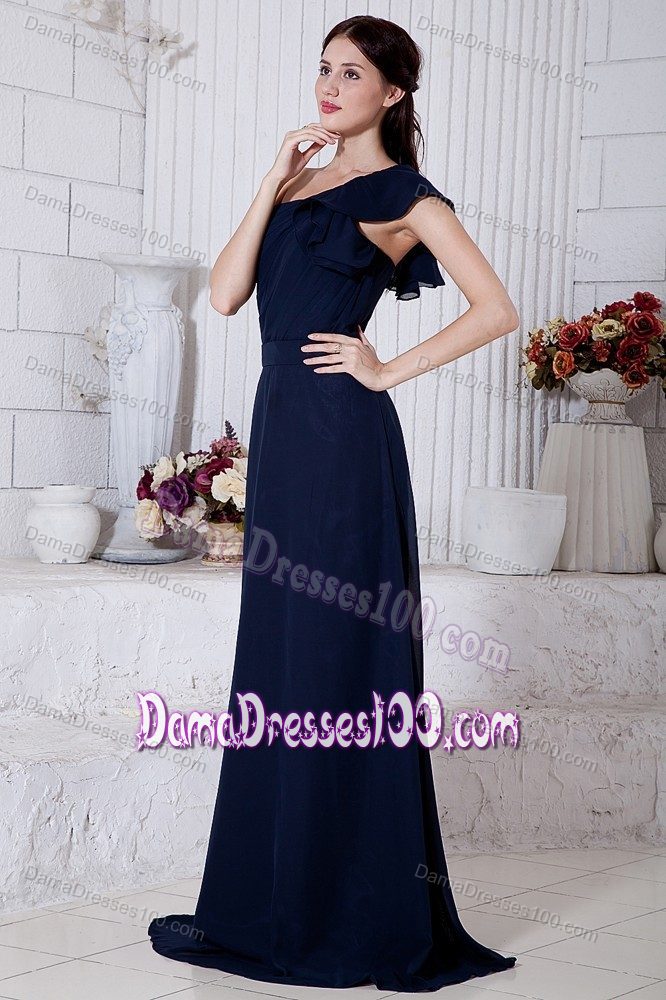 Navy Blue One Shoulder Ruched Party Dama Dresses Brush Train