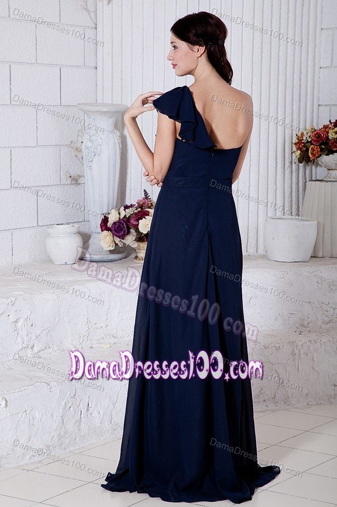 Navy Blue One Shoulder Ruched Party Dama Dresses Brush Train