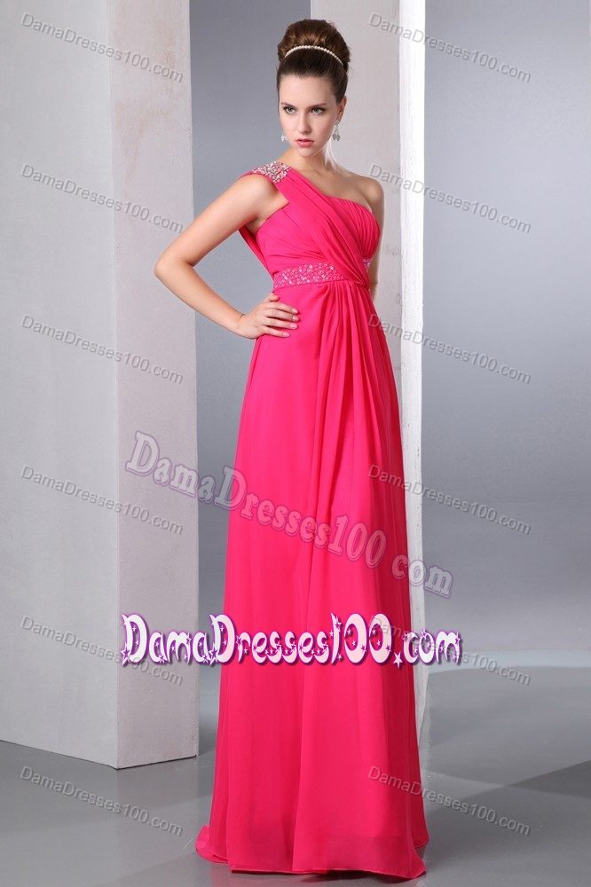 Hot Pink Empire One Shoulder Beading Dama Dress For Quince