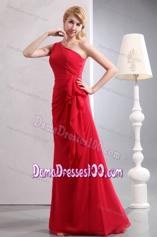Red Column One Shoulder Bridesmaid Dama Dress Floor-length
