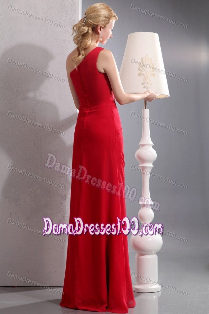 Red Column One Shoulder Bridesmaid Dama Dress Floor-length