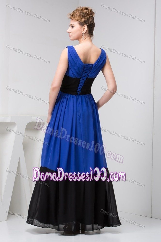Floor-length V-neck Blue and Black Party Dama Dress with Pleats