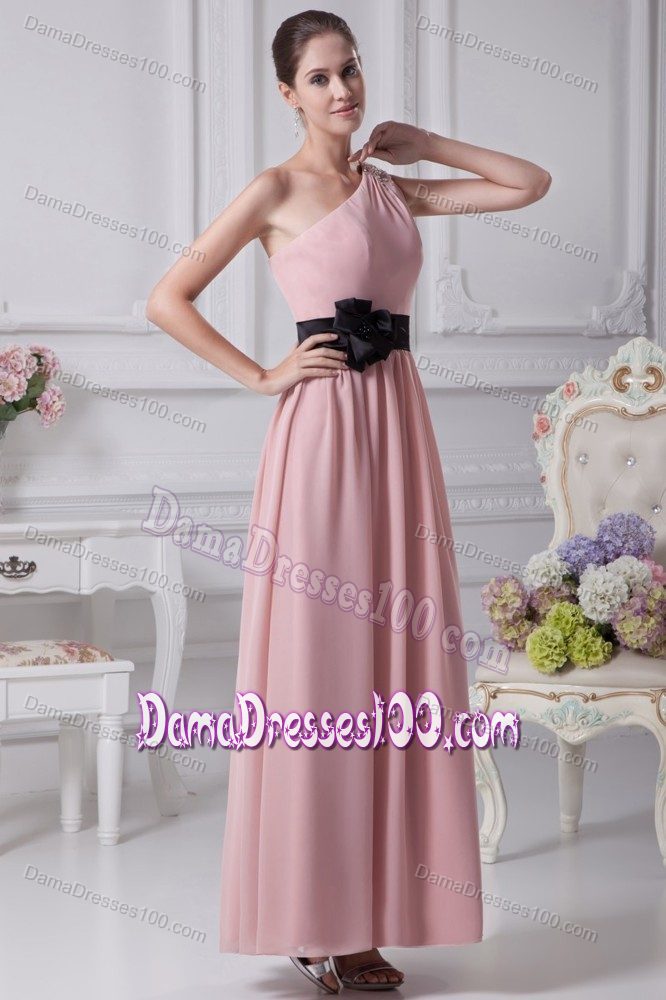 One Shoulder Ankle-length Quince Damas Dresses with Ribbon